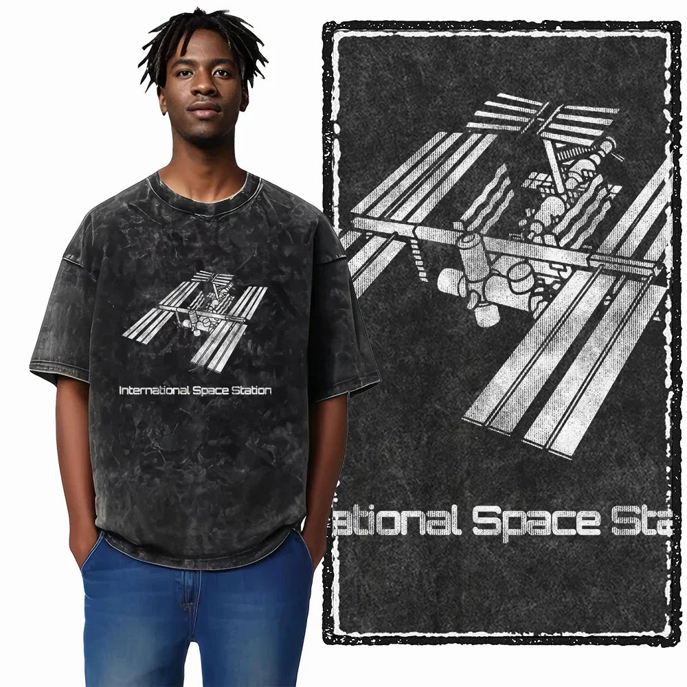 Printed Cotton Acid Washed Astronaut T-Shirt for Men