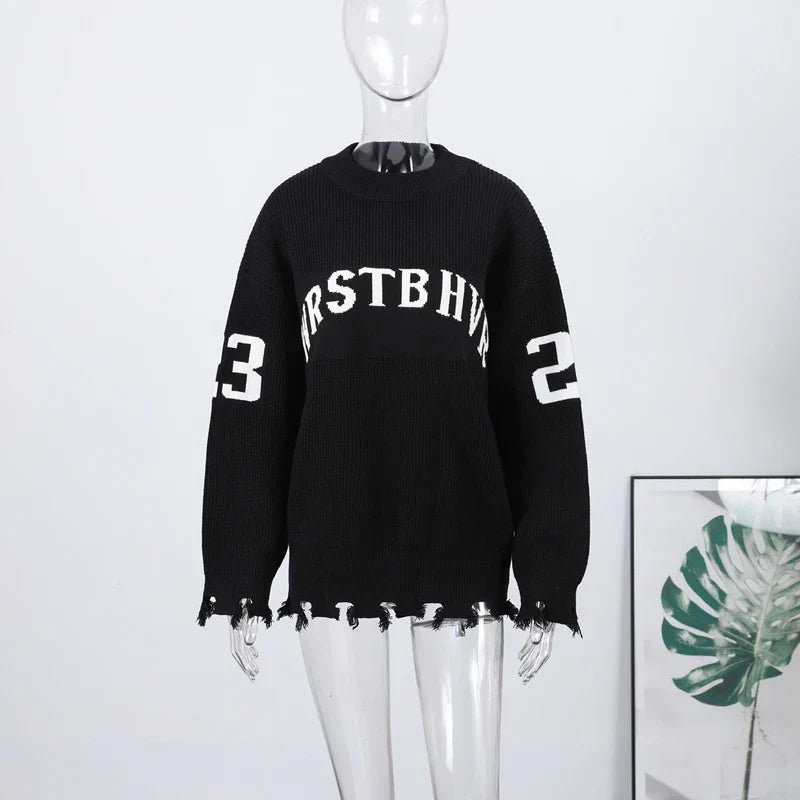 Oversized Letter Jacquard Knit Pullover for Women