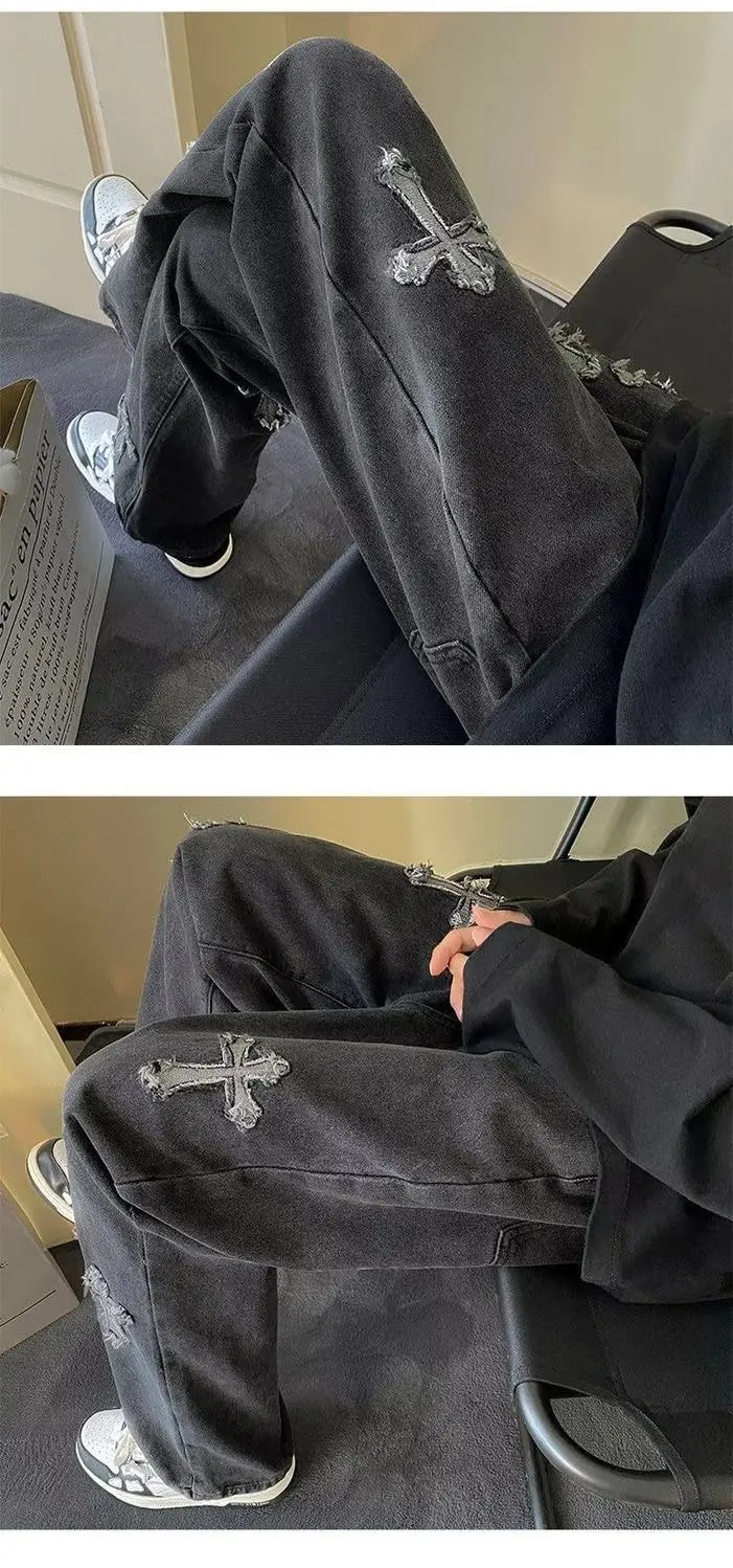Y2K Embroidered Straight Denim Jeans for Men