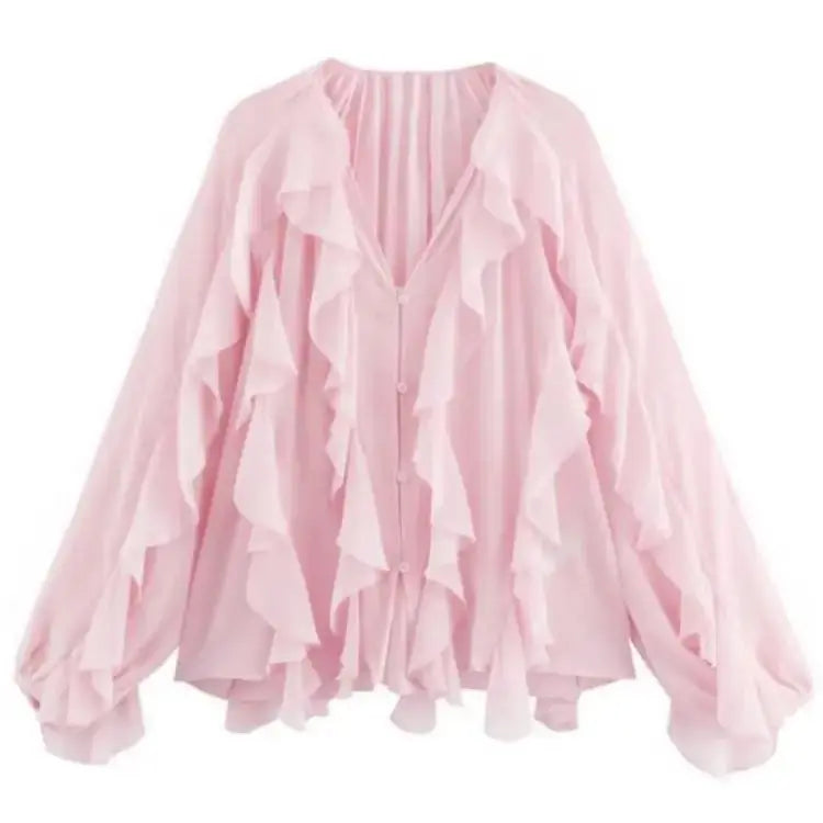 Elegant Women's V-neck Chiffon Blouse with Ruffles