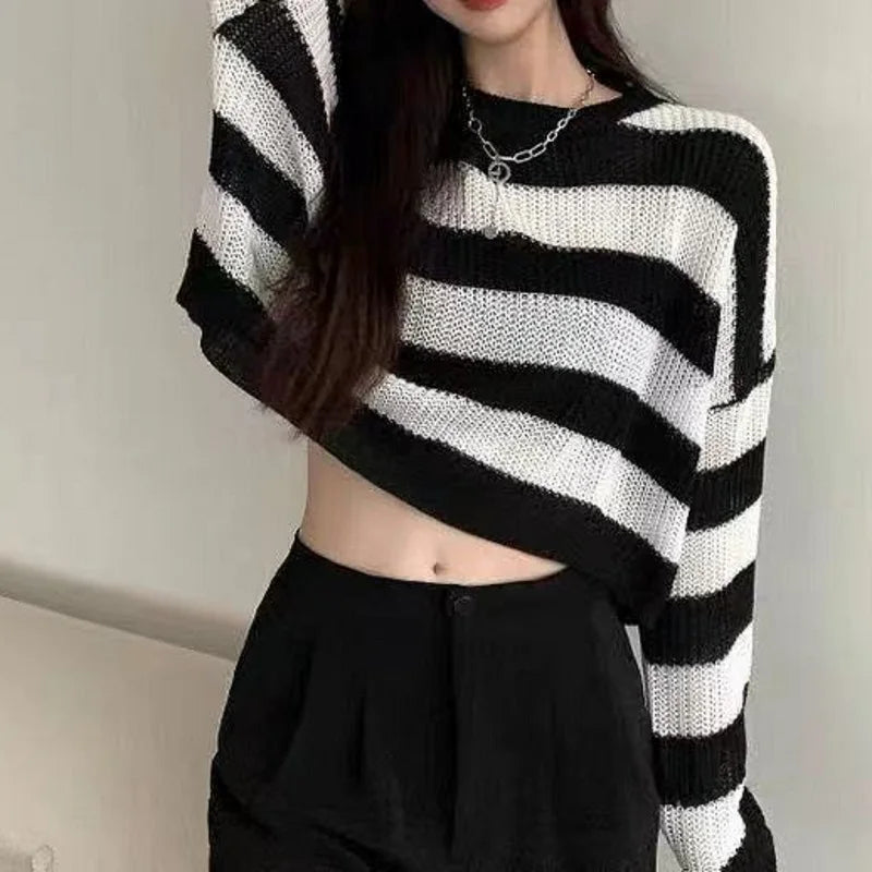 Korean Striped Cropped Knit Sweater for Women - Vintage Style