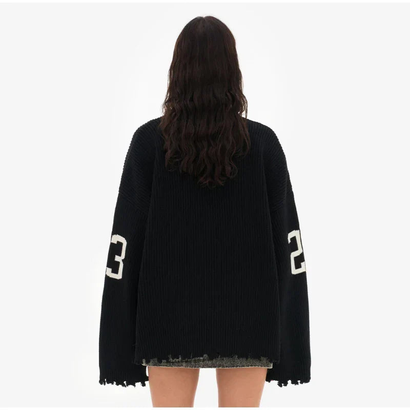 Oversized Letter Jacquard Knit Pullover for Women