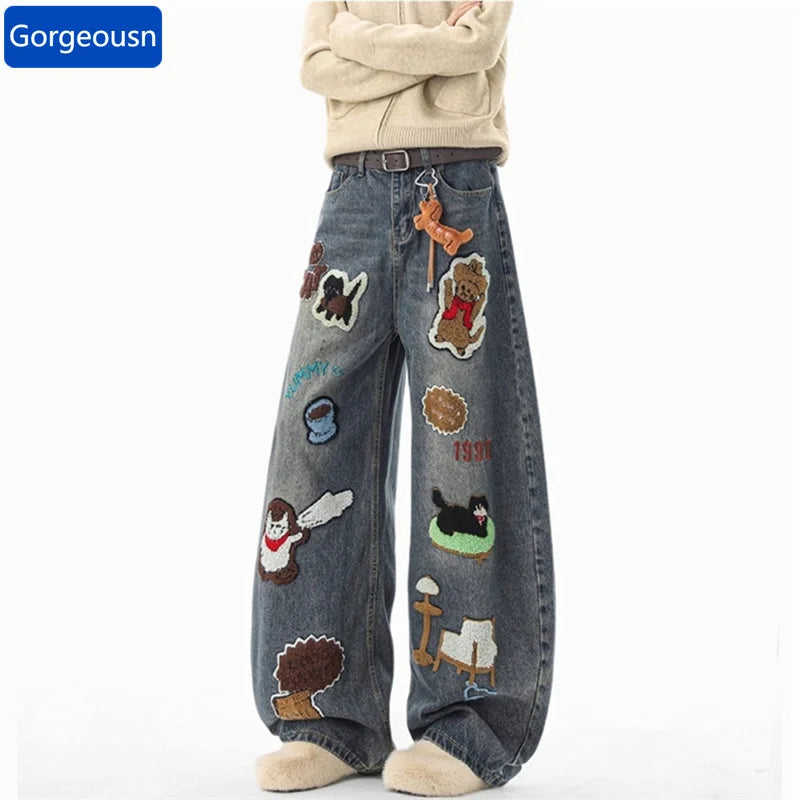 Y2K Streetwear Baggy Denim Jeans for Men in Blue