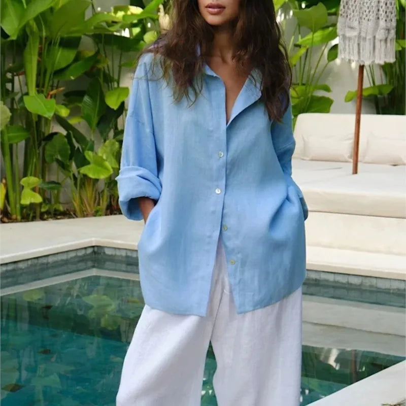 We.Fine Women's Cotton Long Sleeve Ruffled Blouse