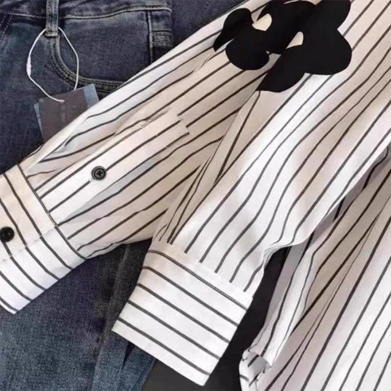 White Striped Long Sleeve Blouse for Office Women