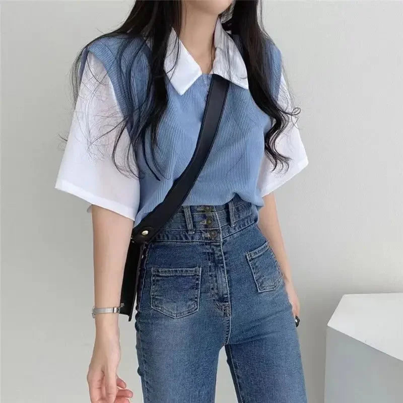 Color Block Polo Collar Top for Women - Casual Chiffon Tee