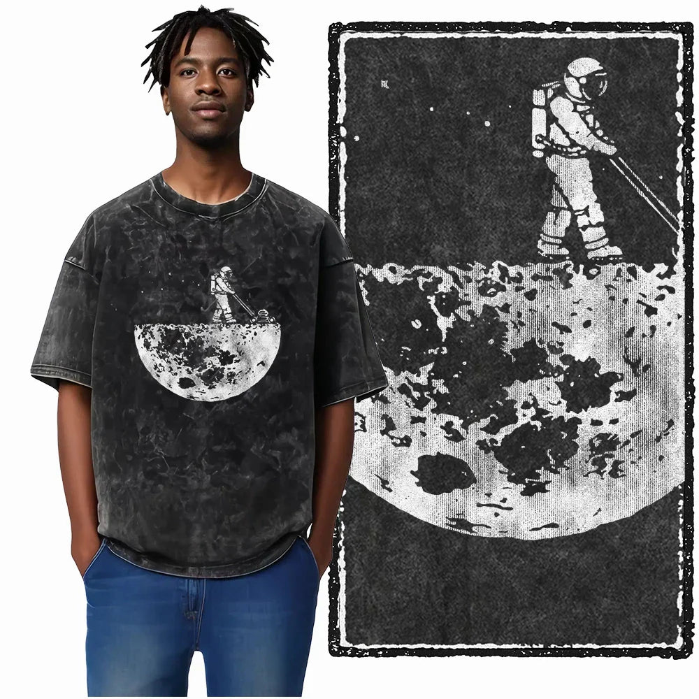Printed Cotton Acid Washed Astronaut T-Shirt for Men