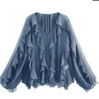 Elegant Women's V-neck Chiffon Blouse with Ruffles