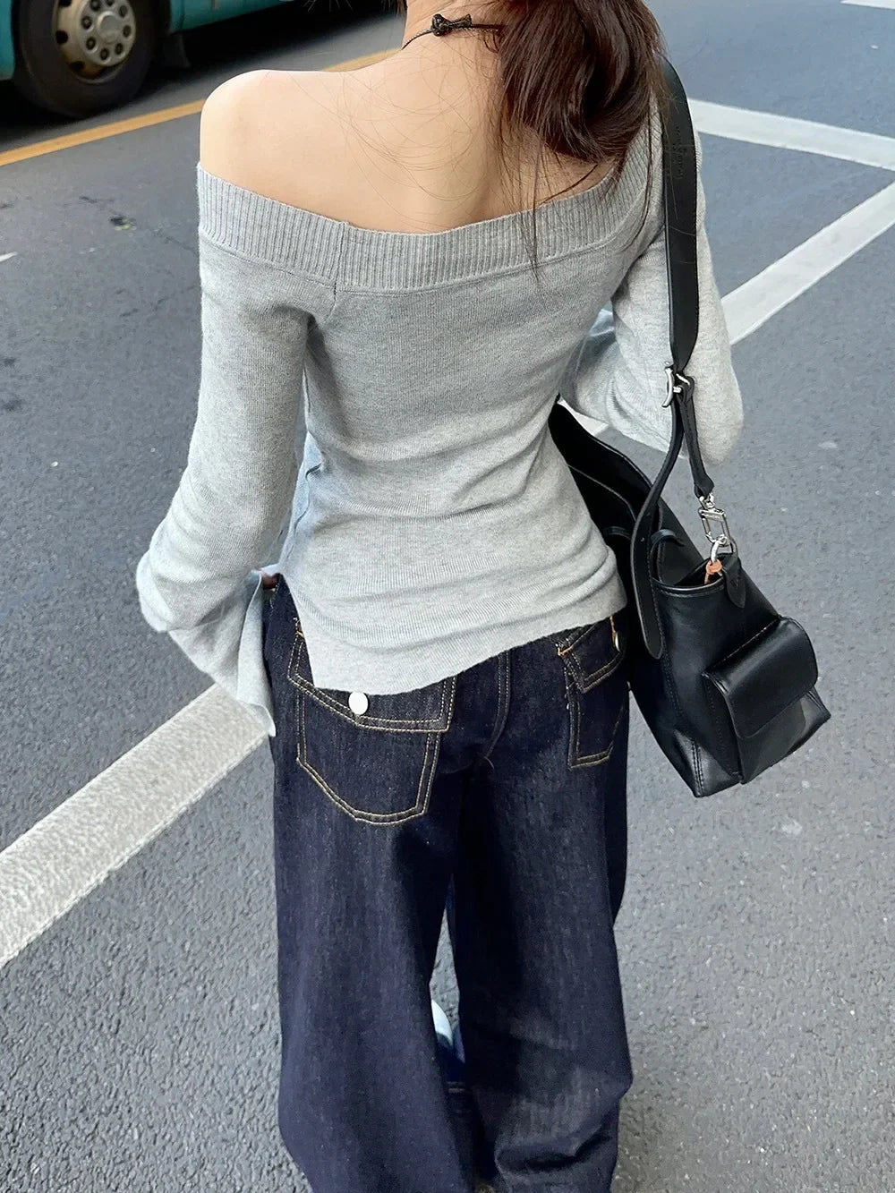 Cropped Off Shoulder Knitted Pullover for Women