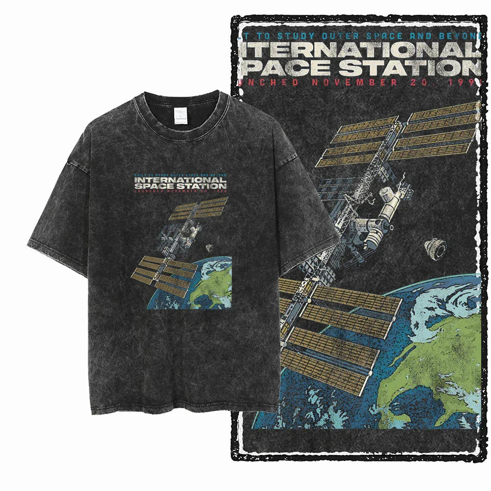 Printed Cotton Acid Washed Astronaut T-Shirt for Men