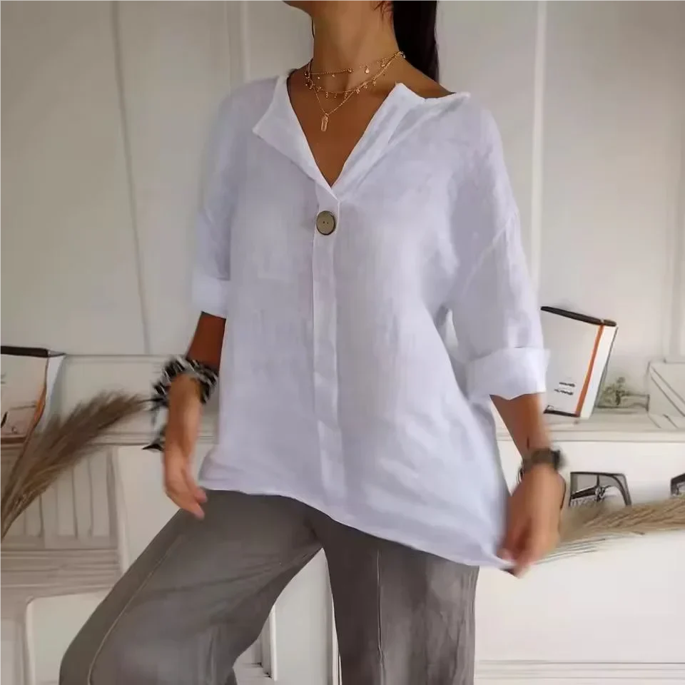 VEITCHE Women's V-Neck Cotton Linen Casual Blouse