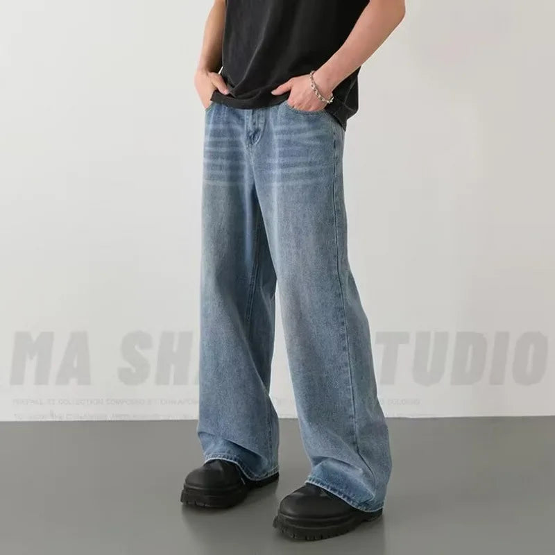 Men's Loose Denim Casual Jeans in Distressed Blue