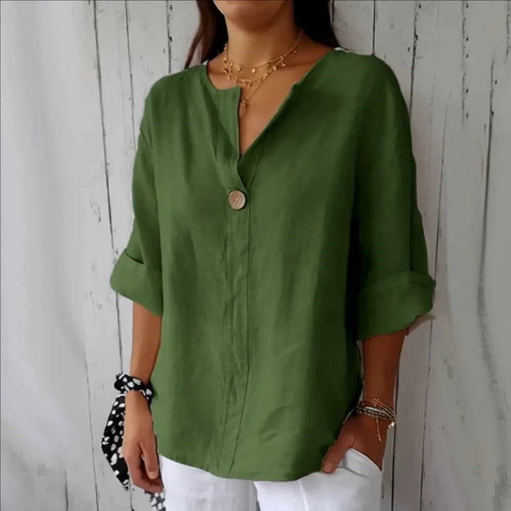 VEITCHE Women's V-Neck Cotton Linen Casual Blouse