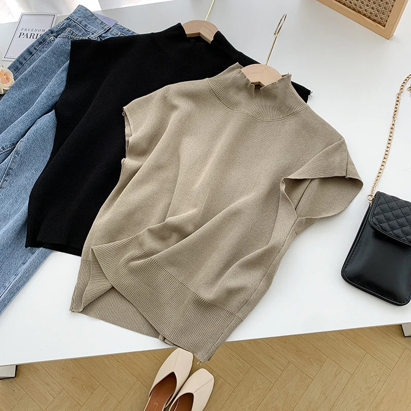 Mock Neck Solid Knit Vest for Office Ladies