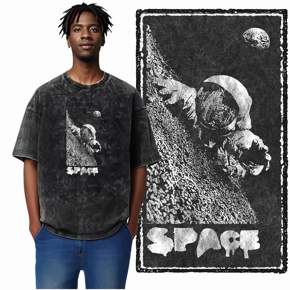 Printed Cotton Acid Washed Astronaut T-Shirt for Men