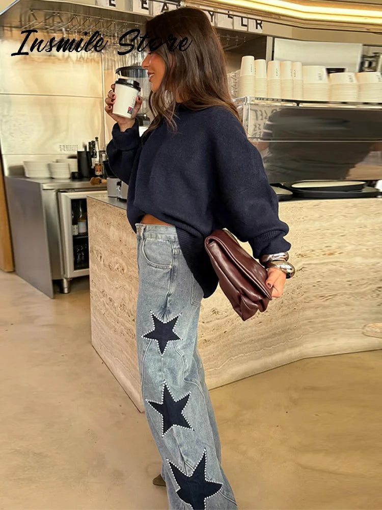 Blue High Waist Wide Leg Jeans for Women