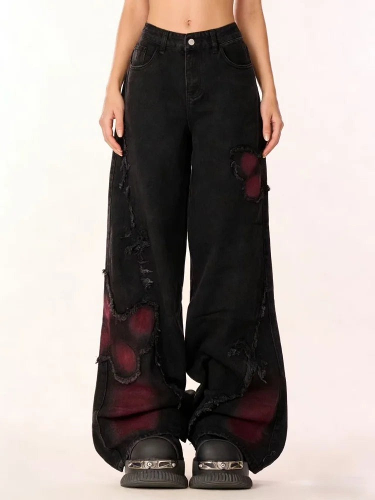 Women's Vintage Baggy Butterfly Jeans in Black