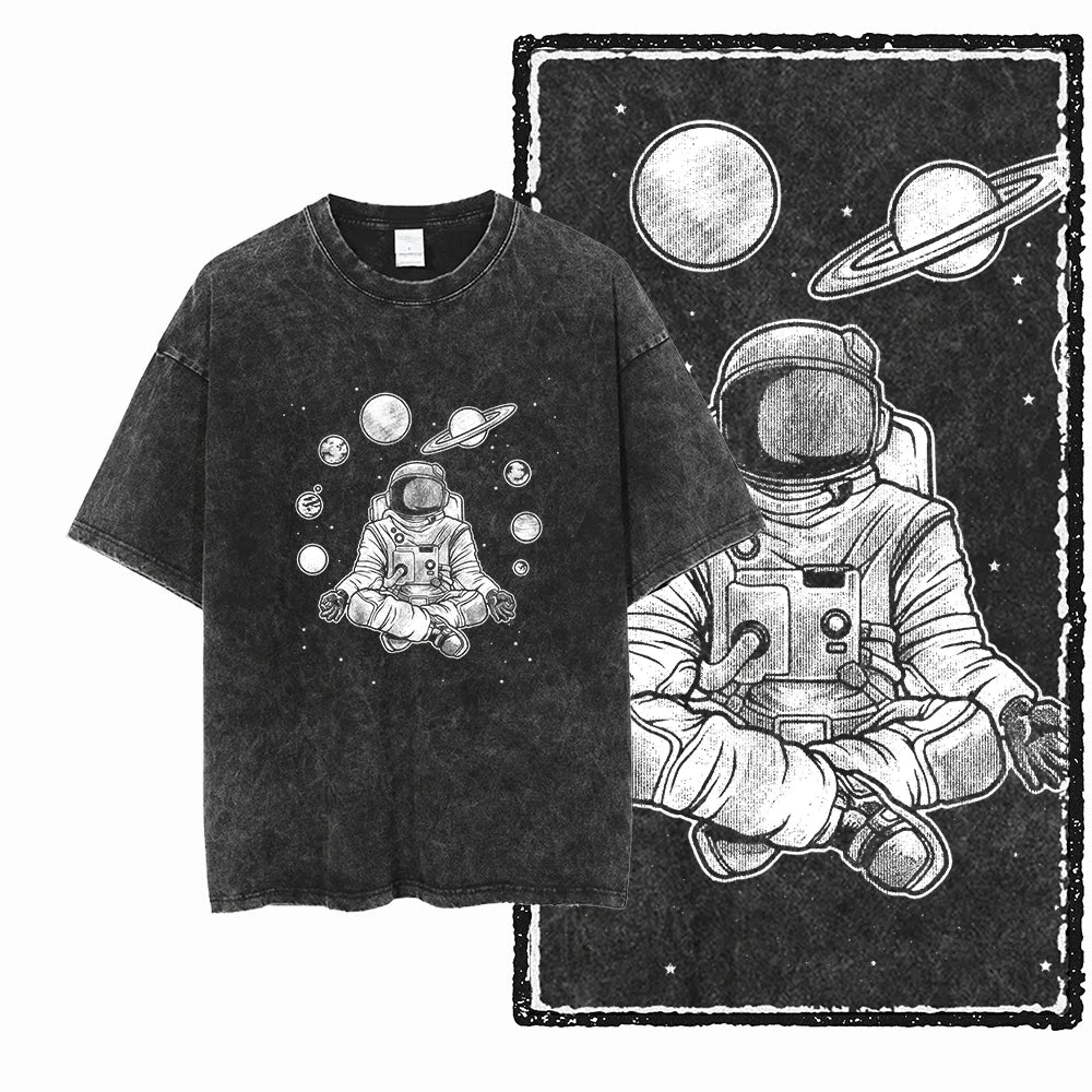 Printed Cotton Acid Washed Astronaut T-Shirt for Men