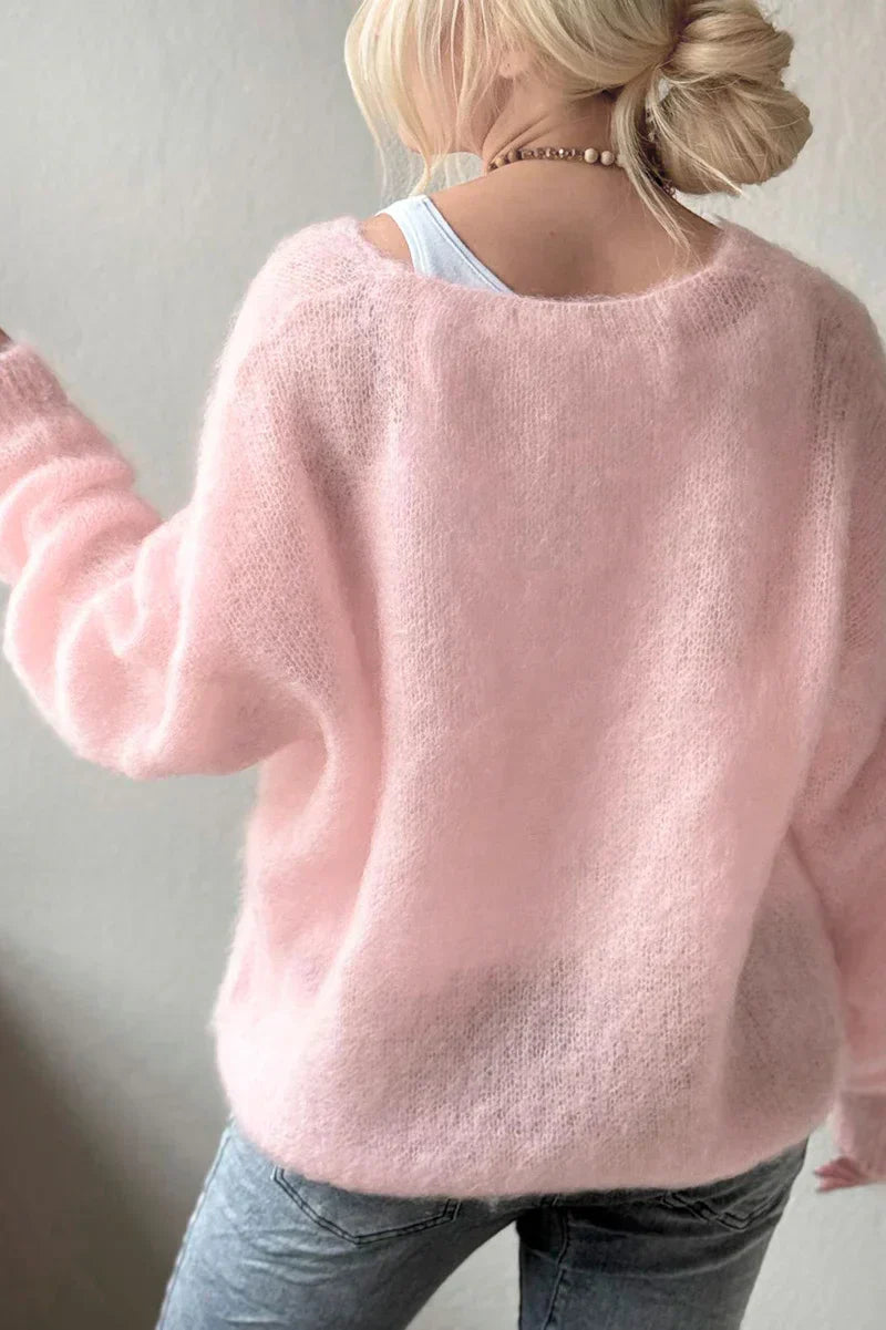 Light Pink Women's V Neck Pullover Sweater for Fall