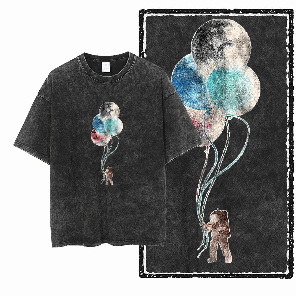 Printed Cotton Acid Washed Astronaut T-Shirt for Men