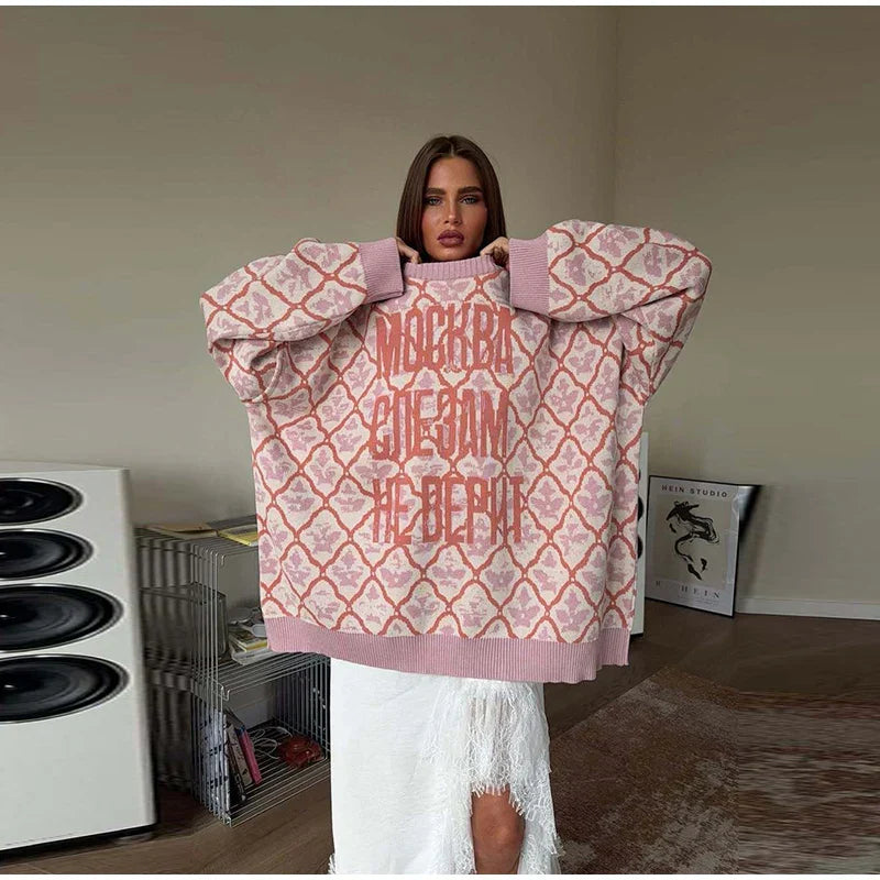 Oversized Letter Jacquard Knit Pullover for Women