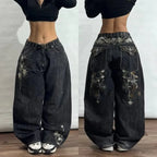Geometric Pattern Embroidered Wide-leg Jeans for Women