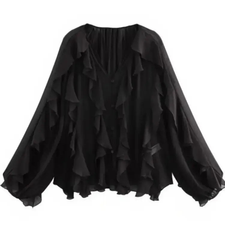 Elegant Women's V-neck Chiffon Blouse with Ruffles