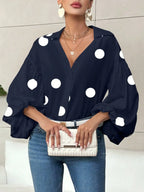 Polka Dot V-Neck Blouse with Lantern Sleeves for Women