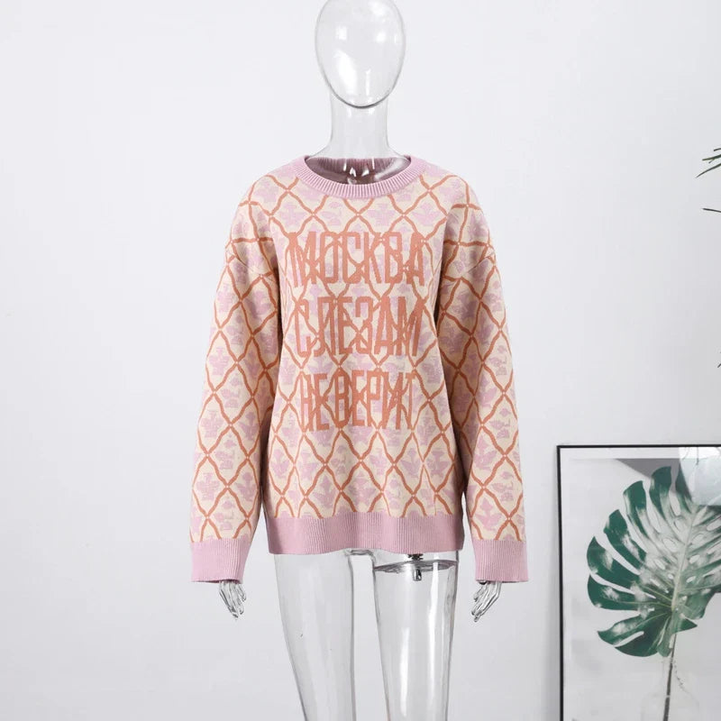 Oversized Letter Jacquard Knit Pullover for Women
