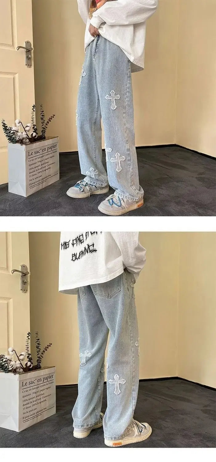 Y2K Embroidered Straight Denim Jeans for Men