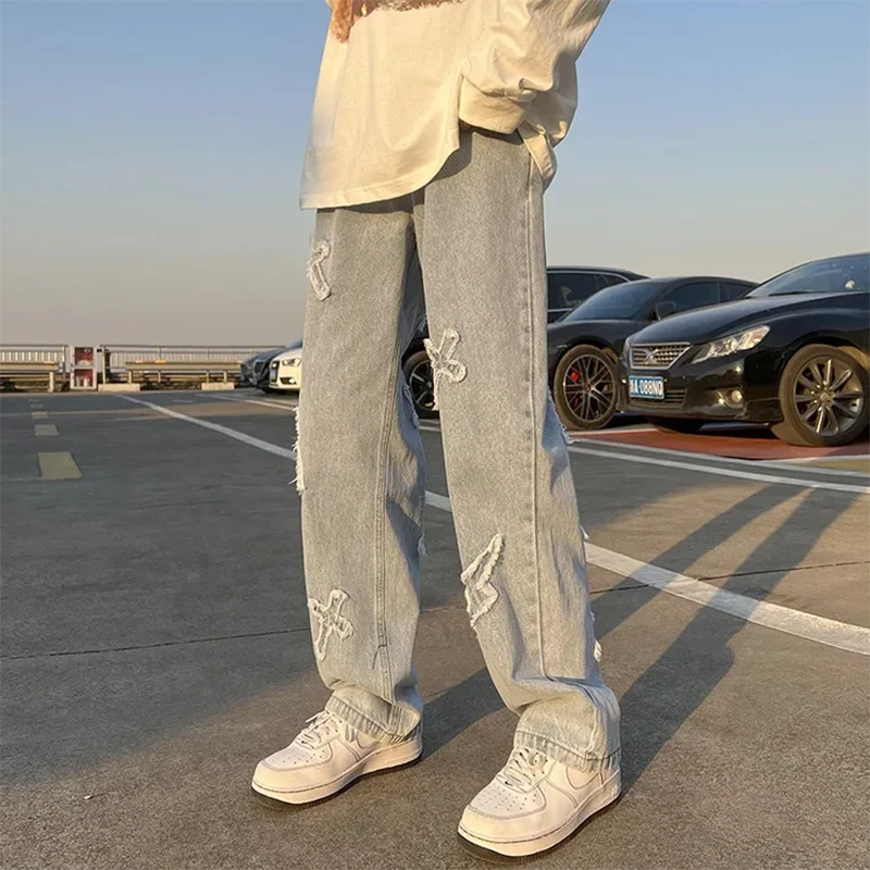 Y2K Embroidered Straight Denim Jeans for Men