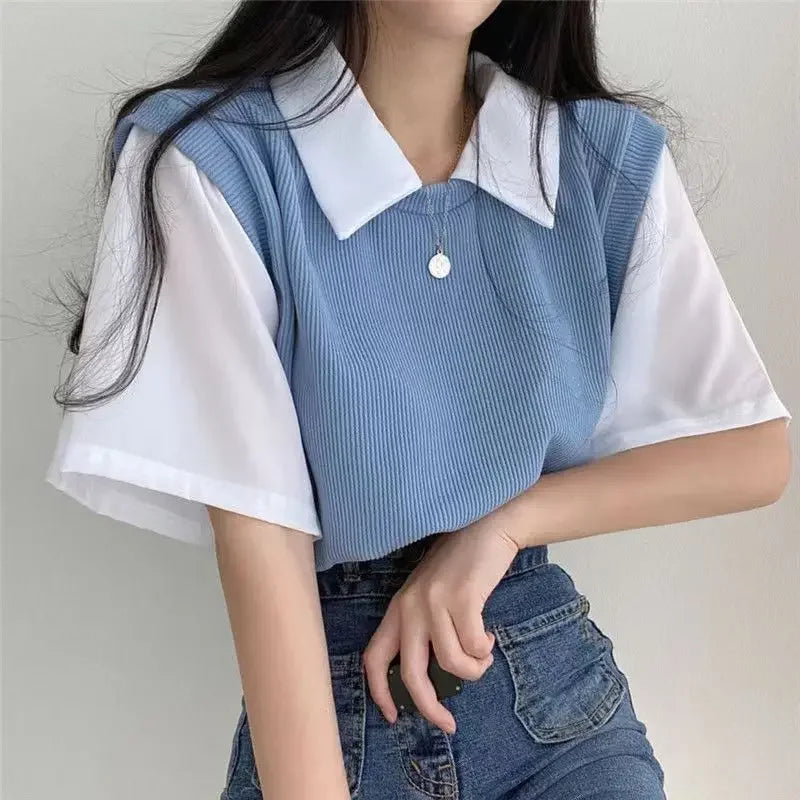 Color Block Polo Collar Top for Women - Casual Chiffon Tee