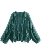 Elegant Women's V-neck Chiffon Blouse with Ruffles