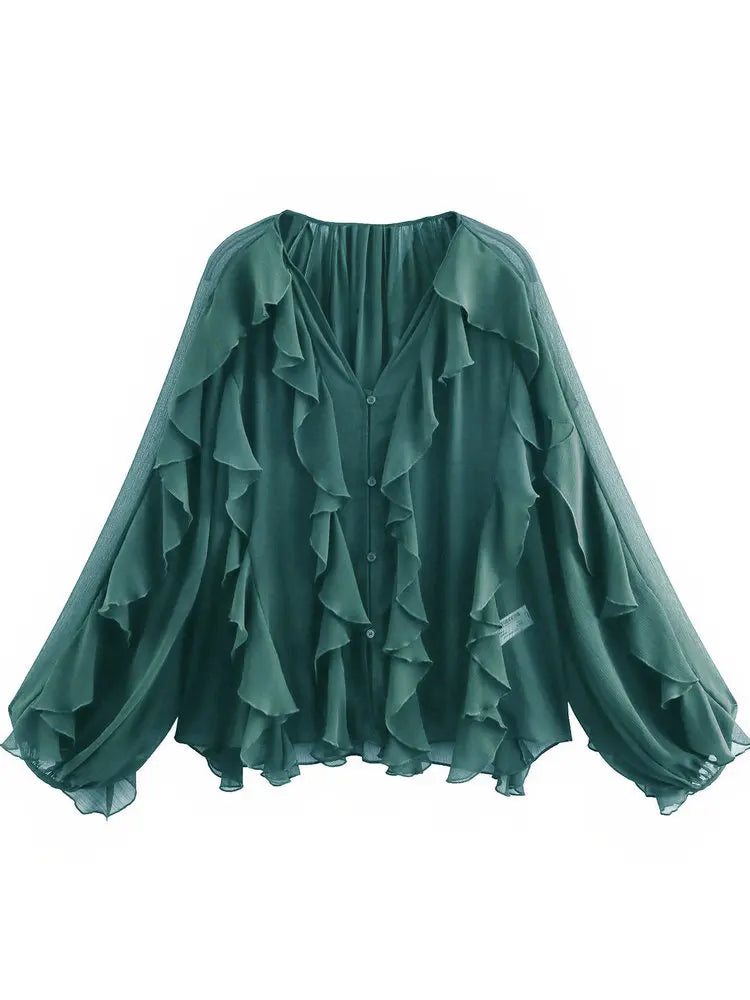 Elegant Women's V-neck Chiffon Blouse with Ruffles