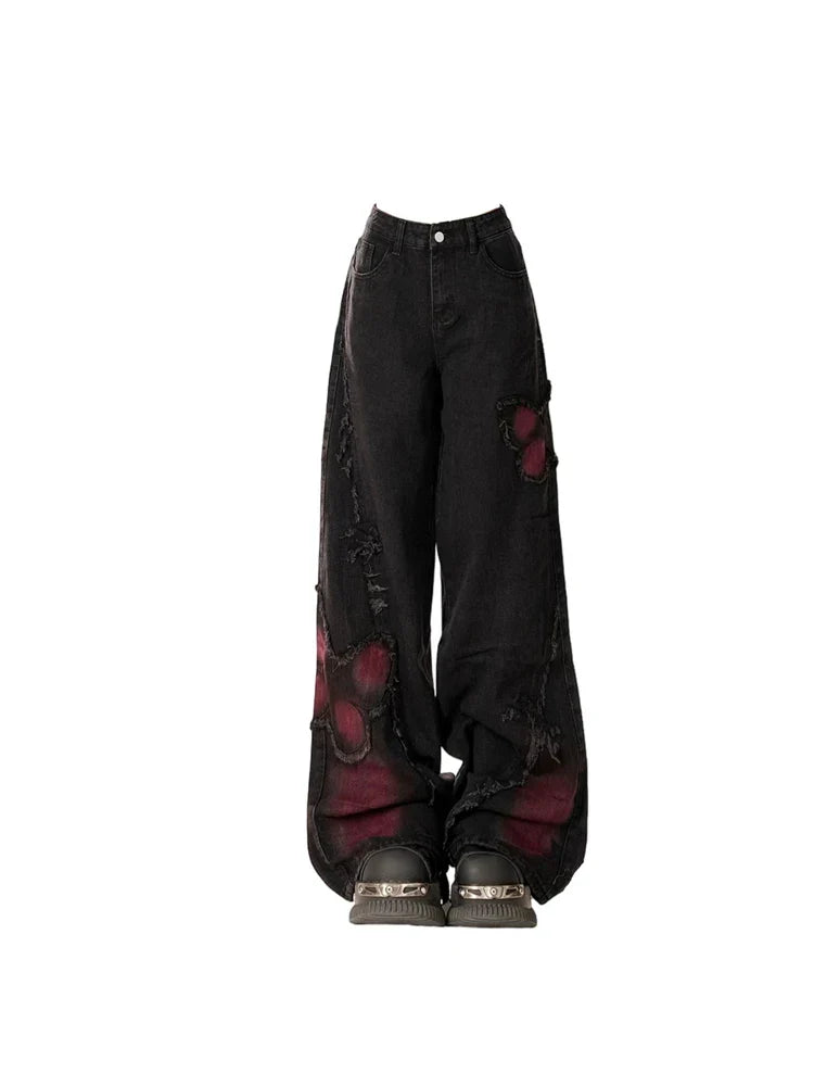 Women's Vintage Baggy Butterfly Jeans in Black