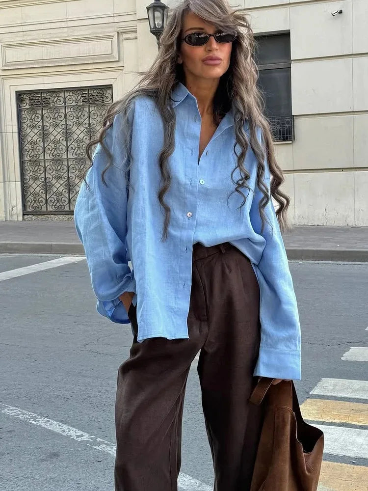 We.Fine Women's Cotton Long Sleeve Ruffled Blouse