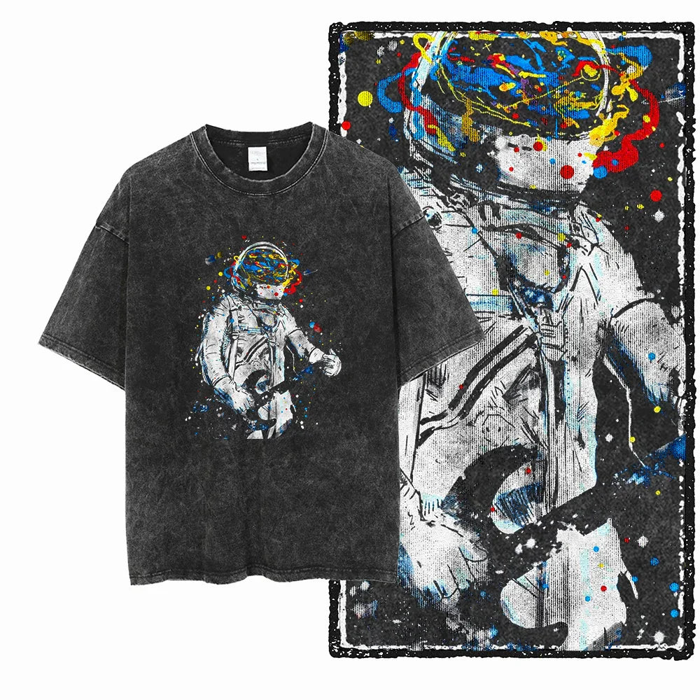 Printed Cotton Acid Washed Astronaut T-Shirt for Men