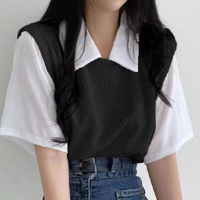 Color Block Polo Collar Top for Women - Casual Chiffon Tee