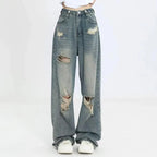 High Waist American Retro Hole-punched Jeans for Women
