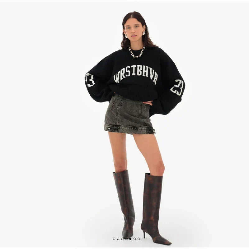 Oversized Letter Jacquard Knit Pullover for Women