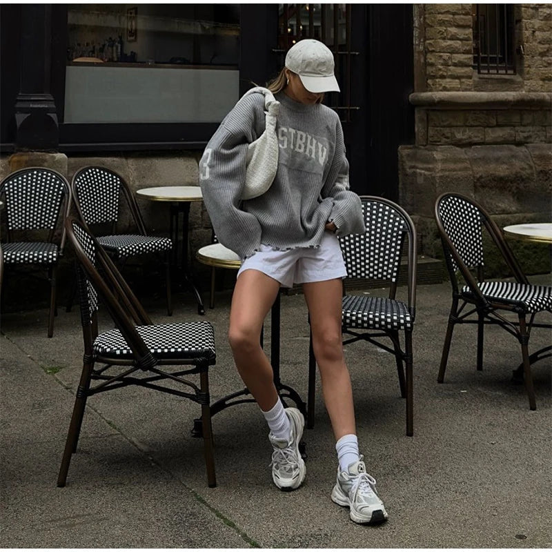 Oversized Letter Jacquard Knit Pullover for Women