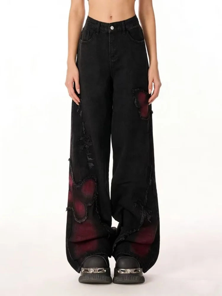 Women's Vintage Baggy Butterfly Jeans in Black