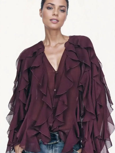 Elegant Women's V-neck Chiffon Blouse with Ruffles