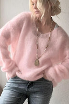 Light Pink Women's V Neck Pullover Sweater for Fall