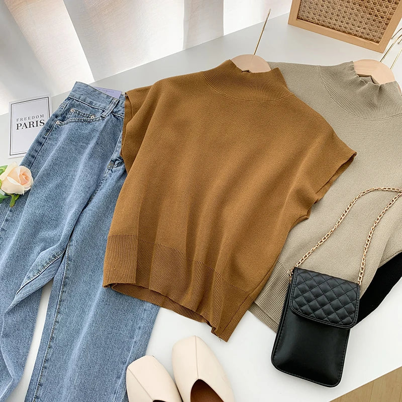 Mock Neck Solid Knit Vest for Office Ladies
