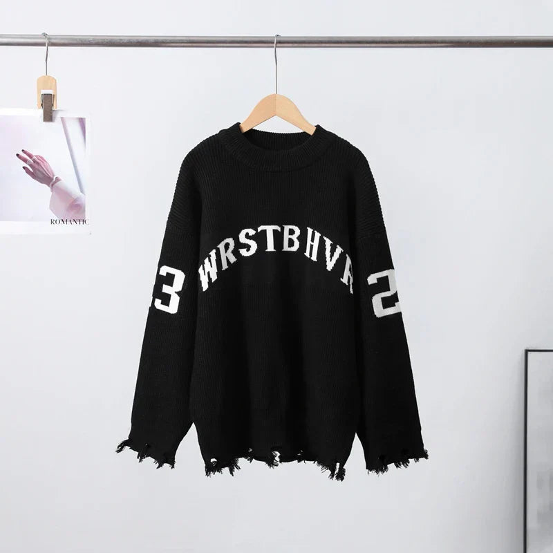 Oversized Letter Jacquard Knit Pullover for Women