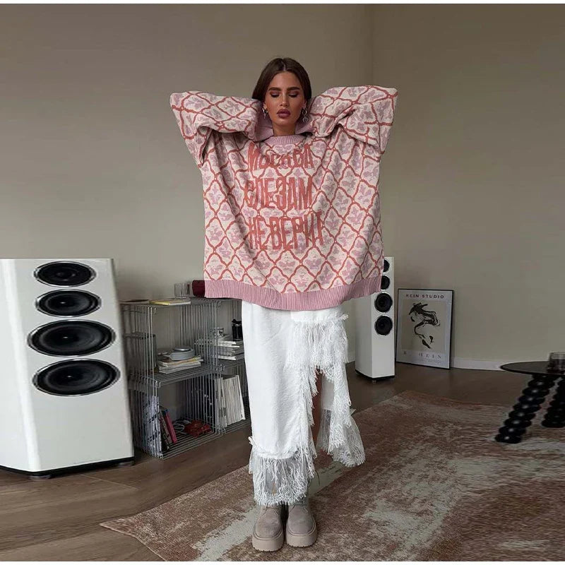 Oversized Letter Jacquard Knit Pullover for Women