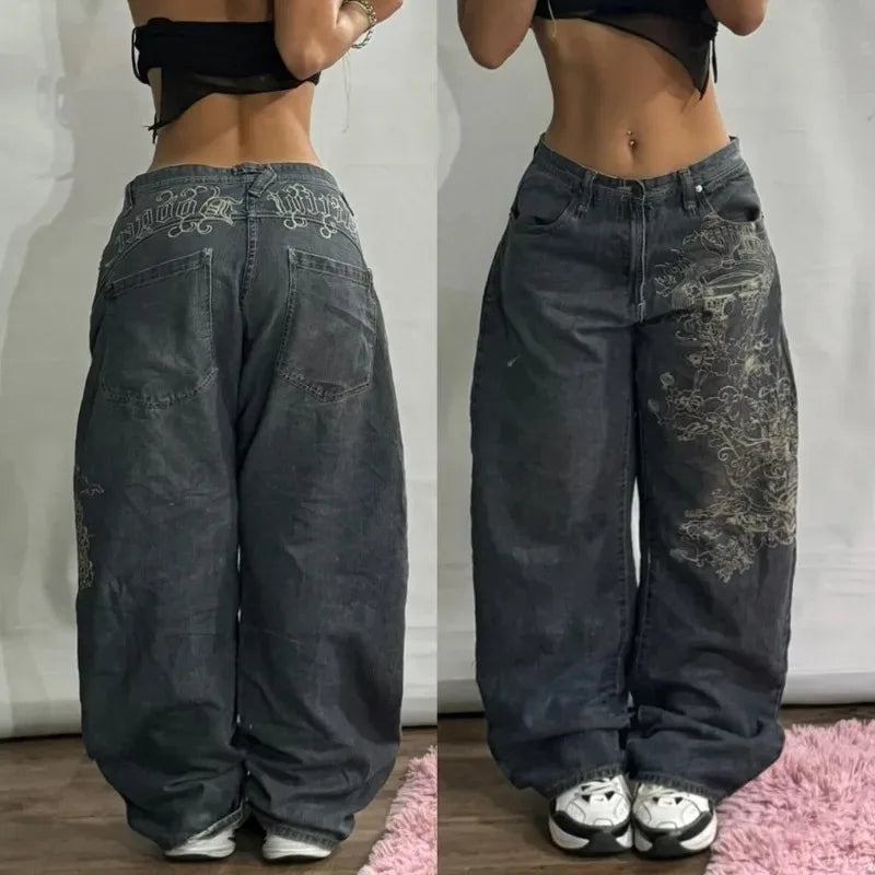 Geometric Pattern Embroidered Wide-leg Jeans for Women