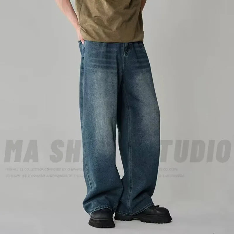 Men's Loose Denim Casual Jeans in Distressed Blue