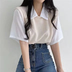 Color Block Polo Collar Top for Women - Casual Chiffon Tee